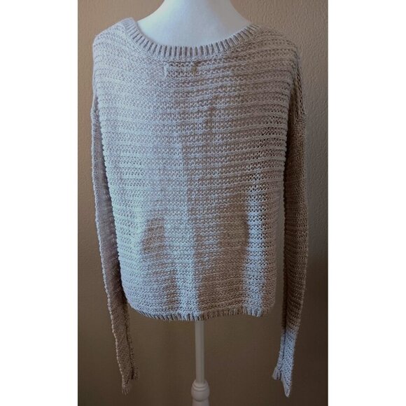 3/10 Hollister Open Knit Crochet Light Sweater L Beige Oatmeal Cozy Beachy Boho - Picture 2 of 10